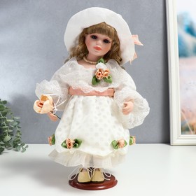 Кукла коллекционная керамика "Шелли в белом платье, шляпе и с розой" 30 см