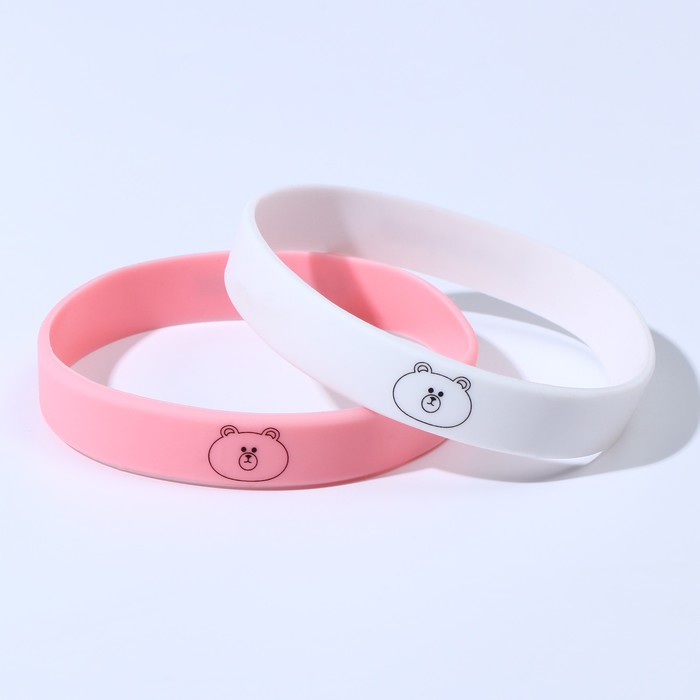 Силиконовый браслет "Мишка", набор 2 шт, цвет бело-розовый - фото 3978596