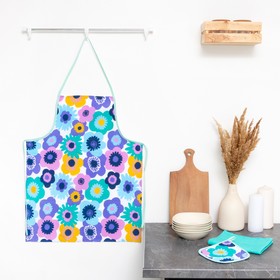 Кухонный набор Мари Санна Цветы+бирюза (прихватка+полотенце+фартук), рогожка
