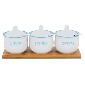 Набор керамической посуды, 3 баночки объемом 0.15 л. белого цвета с голубыми крышками