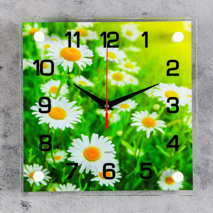 Часы настенные, серия: Цветы, "Ромашки" стекло 25х25  см, микс
