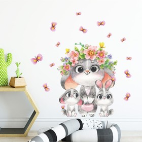 Наклейка пластик интерьерная цветная "Мама зайка в цветочном венке с зайчатами" 40х60 см