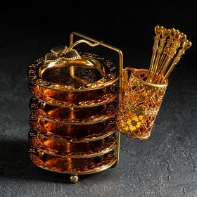 Набор блюдец «Золото», с подставкой, с ложками, 6 шт, цвет золотой
