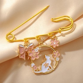 Булавка "Бантик" кошка в цветах, 6,3см, цвет бело-розовый в золоте
