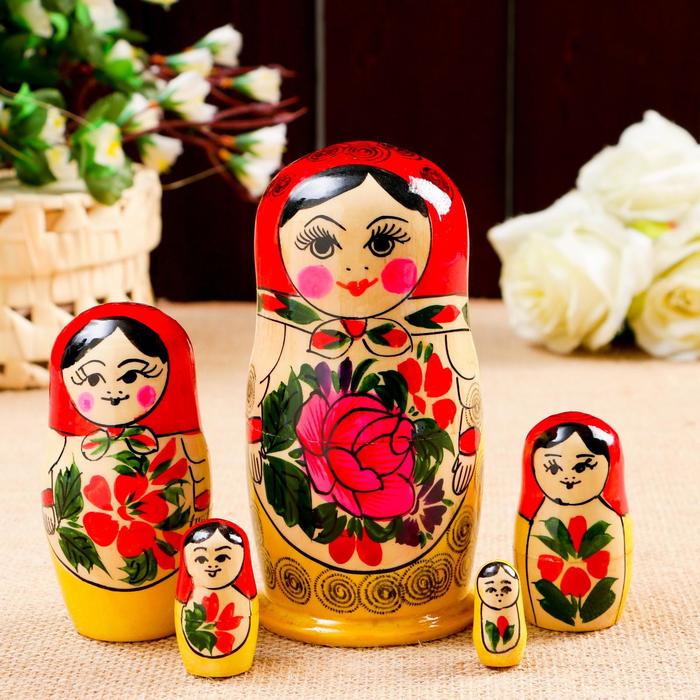 Матрёшка «Семёновская», красный платок, 5 кукольная, 14-15 см