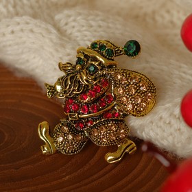 Брошь новогодняя "Дед мороз" с мешком, цветная в чернёном золоте