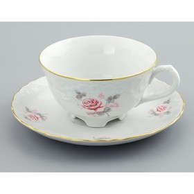 Чашка с блюдцем, 220 мл, Rococo, декор «Бледные розы, отводка золото»