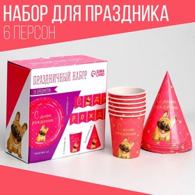 Набор бумажной посуды «С Днём Рождения», пёсель, 6 тарелок, 6 стаканов, 6 колпаков в Донецке