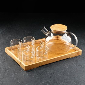 Чайный набор на деревянной подставке «Эко», 7 предметов: чайник стеклянный с ситом 1,1 л, 6 кружек 100 мл