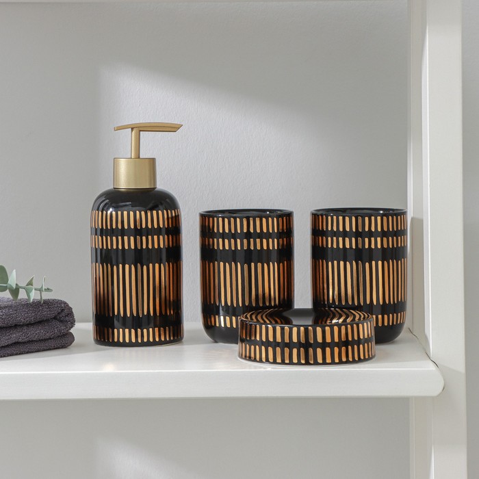 Набор аксессуаров для ванной комнаты «Золотой ром», 4 предмета (мыльница, дозатор для мыла, 2 стакана), цвет чёрный - фото 5301130