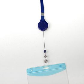 Ribbon for name badge, 10 mm x 85 cm, with holder-tape measure 40cm and loop, button, blue