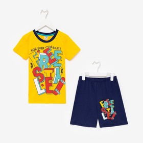 Комплект для мальчика (футболка, шорты), цвет жёлтый/тёмно-синий, рост 134 см