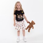 Комплект для девочки (футболка, юбка), цвет чёрный/молочный, принт МИКС, рост 134-140 см - фото 5477285