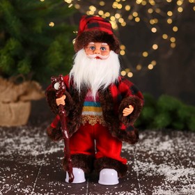 Дед Мороз "В полосатом свитере и с посохом" 27 см, двигается, красно-коричневый