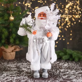 Дед Мороз "В высоком колпачке, в ремешке и с мешком" 44 см, серебристо-белый