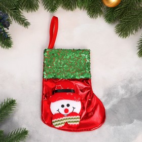 Носок для подарков "Снеговик блеск, снежинка" 13х16 см, красно-зелёный в Донецке