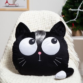 Подушка декоративная Кот голова-глазастик, цвет чёрный, размер 35х40см, плюш, холофайбер