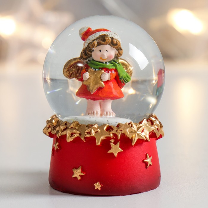 Стеклянный шар "Ангелочек в красном со звездой" 4,5х4,5х6,5 см - фото 5543480
