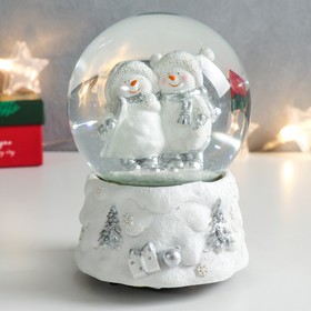 Стеклянный шар музыка "Снеговики с коньками" белый с сереб. 11,5х11,5х14 см