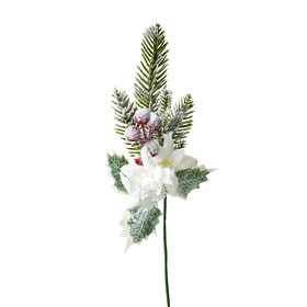 Ветка ели искусственная заснеженная с белым цветком 1 шт.