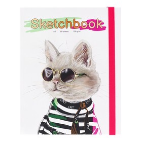 Скетчбук А5, 80 листов "Кот в очках", твёрдая обложка, матовая ламинация, на резинке, блок крафт-бумага 100 г/м2
