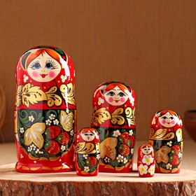 Матрёшка «Хохлома», красный платок, 5 кукольная, 17-18 см, ручная работа