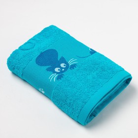 Полотенце махровое с бордюром Кошки, цвет бирюзовый, размер 30х60см, 380г/м 100% хлопок