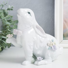 Сувенир керамика "Белый кролик с розовым бантом и розочками" 17,5х9,5х16 см