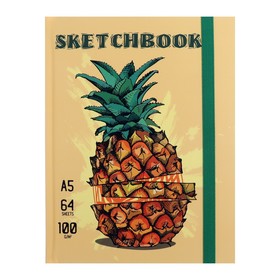Скетчбук А5, 64 листа "Pineapple", твёрдая обложка, ламинация Soft-Touch, на резинке, тонированный блок 100 г/м2