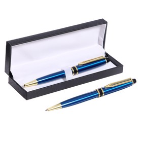 Ручка подарочная шариковая в кожзам футляре поворотная Крона корпус сине-золотистый