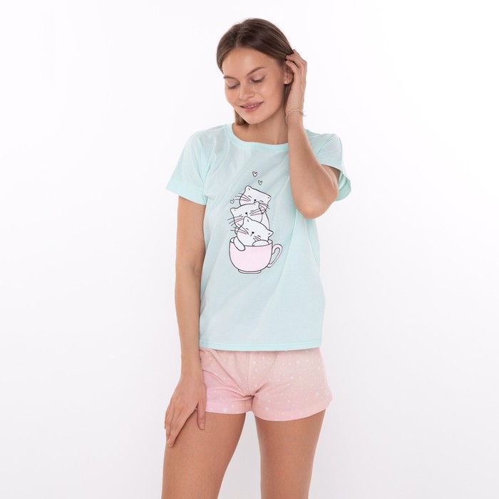 Комплект домашний женский «Кошки» (футболка/шоты), цвет мята/розовый, размер 46 - фото 5451688