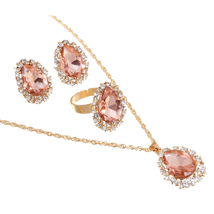 Гарнитур 3 предмета: серьги, кулон, кольцо безразмерное &quot;Капля&quot; утренняя роса, цвет розовый в золоте, 45см