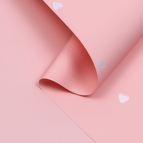 Пленка для цветов матовая "Сердца" белые на розовом, 57 см х 10 м, 60мкм