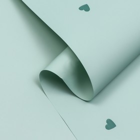 Пленка для цветов матовая "Сердца", зеленые на мятном, 57 см х 10 м, 60 мкм