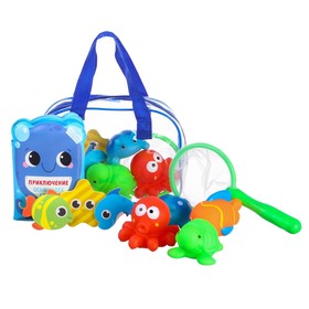 Набор игрушек для игры в ванне «Морское приключение», книжка, рыбалка, 4 игрушки ПВХ, в сумке