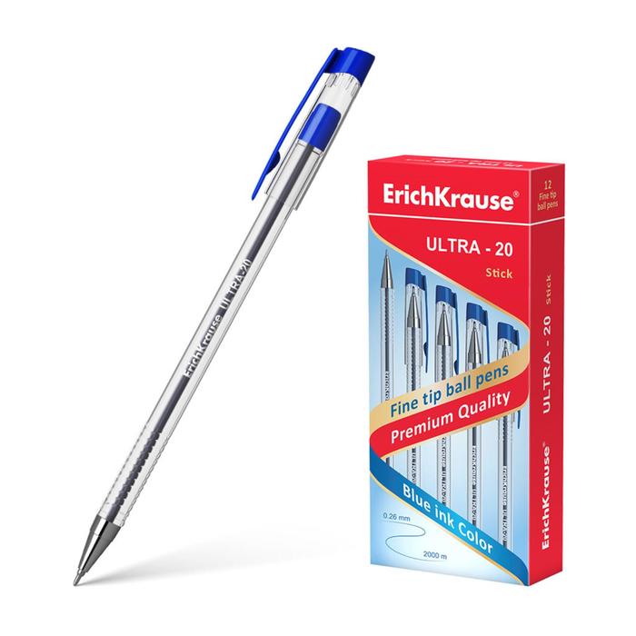 Ручка шариковая ErichKrause ULTRA-20, узел-игла 0.7 мм, чернила синие, длина линии письма 2000 метров
