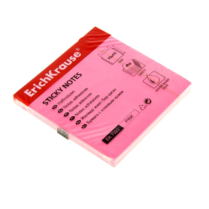 Блок бумаги с липким краем 75х75мм Erich Krause NEON розовый, 80 листов
