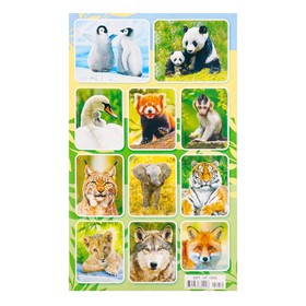 Наклейки "Дикие животные - 2" глиттер, слон, лиса, зеленый фон, 16х9,7 см (20 шт)