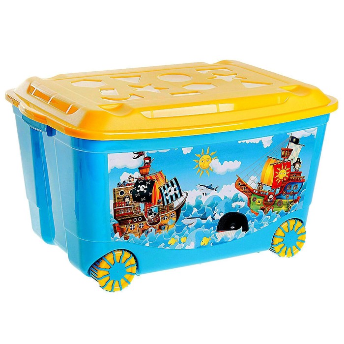 Ящик для игрушек на колёсах с аппликацией, цвет голубой - фото 8278421