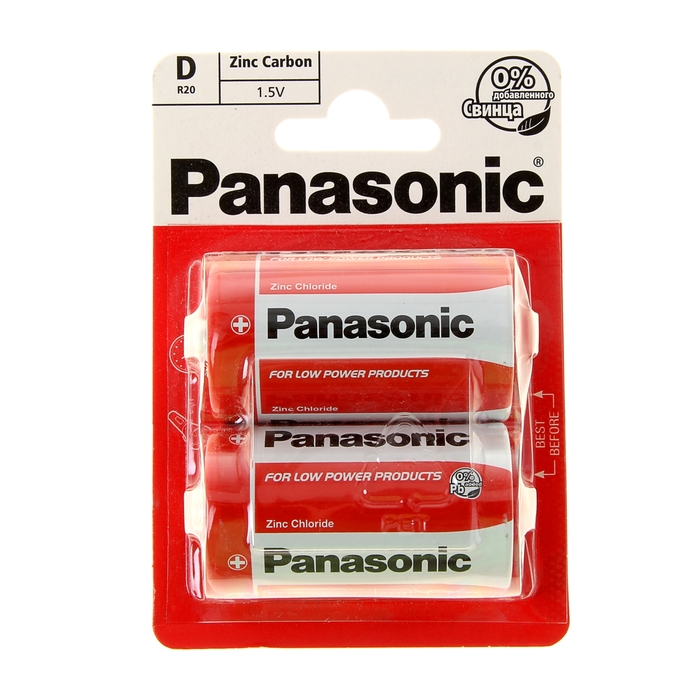 Батарейка солевая Panasonic Zinc Carbon, D, R20-2BL, 1.5В, блистер, 2 шт. - фото 269229