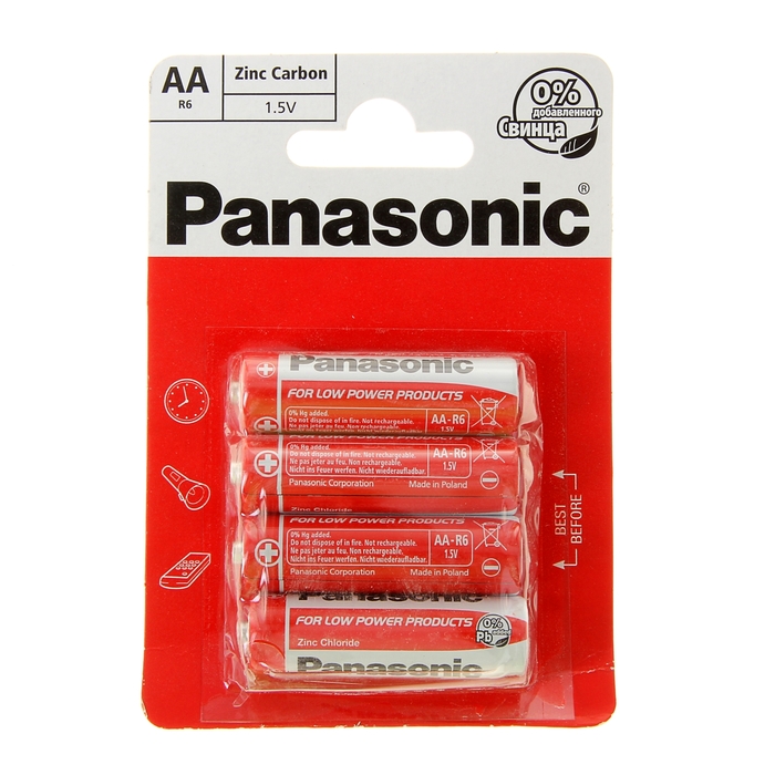 Батарейка солевая Panasonic Zinc Carbon, AA, R6-4BL, 1.5В, блистер, 4 шт, - фото 81409