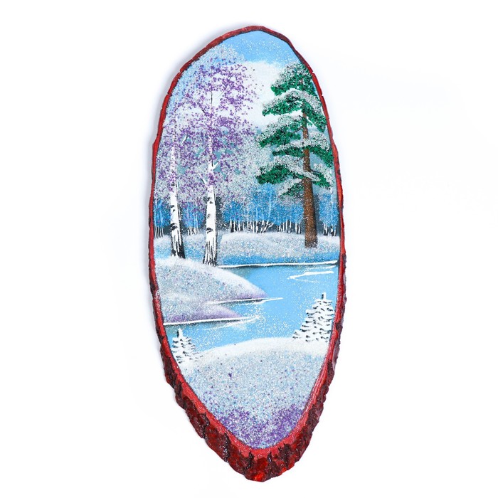Картина "Зима" в форме среза дерева 60 см, каменная крошка