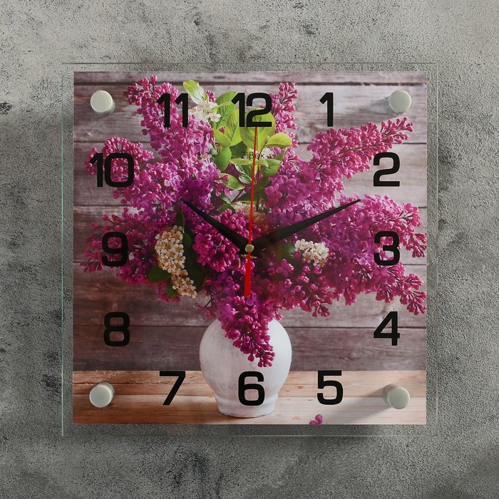 Часы настенные, серия: Цветы, "Сирень в белой вазе", 25х25  см, микс