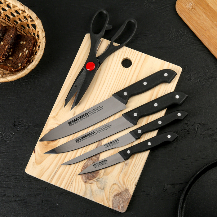 Набор кухонный, 6 предметов: 4 ножа 8 см, 13 см, 16 см, 16 см, ножницы, доска 28×18 см - фото 1243196