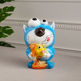 Копилка "Кот с рыбкой", голубая, нос микс, керамика, 25 см