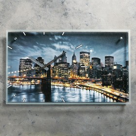 Часы настенные, серия: Город, "Бруклинский Мост. Ночной Нью-Йорк", 35х60  см, микс