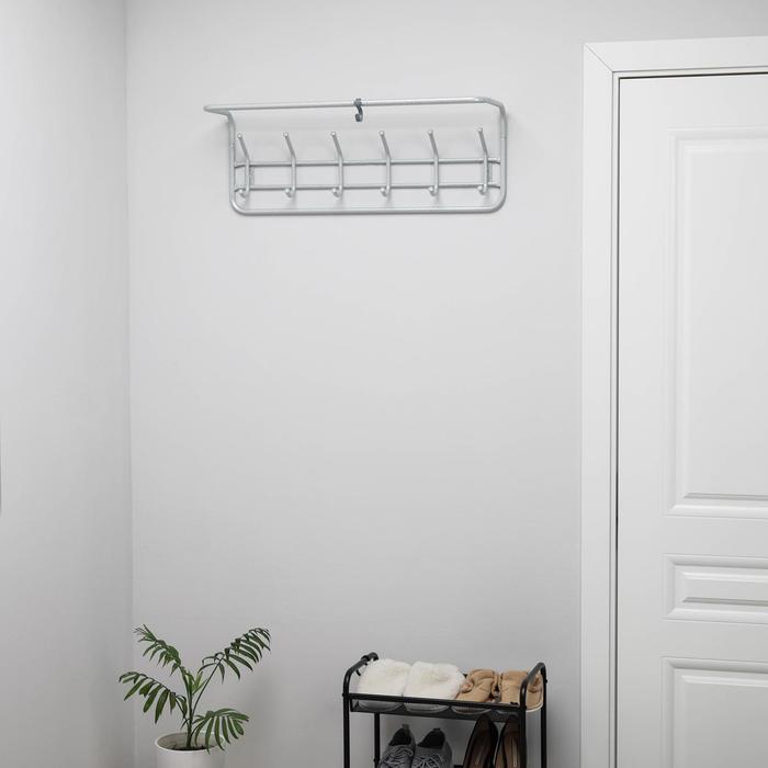 Wall hanger with a shelf for 6 hooks, 80 × 21 × 28 cm, white silver. 