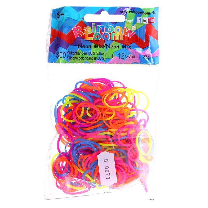Резиночки для плетения силиконовые, разноцветный неон, набор 300 шт., 24 крепления