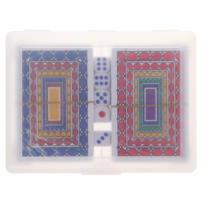 Набор игральных пластиковых карт, 2 колоды по 54 шт., 25 мкм, 8,7 × 5,8 см, пластиковая коробка + 5 кубиков