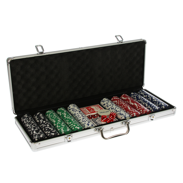 Набор для покера BCG: 2 колоды карт по 54 шт., 500 фишек, 5 кубиков, металлический кейс